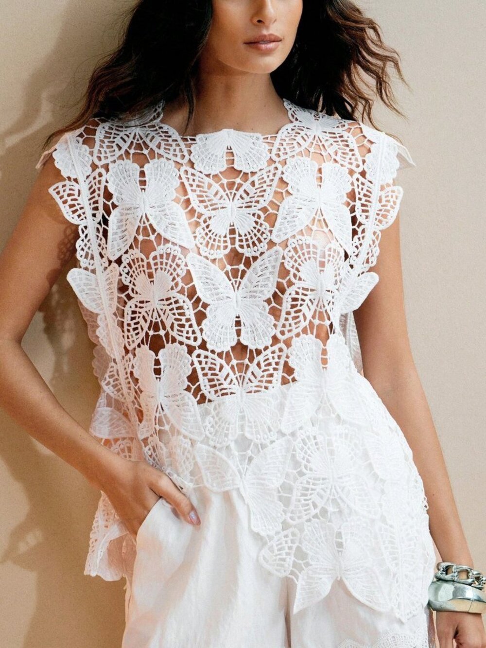 White Elegant Women's Lace Crochet Hollow Mesh butterfly desgin top